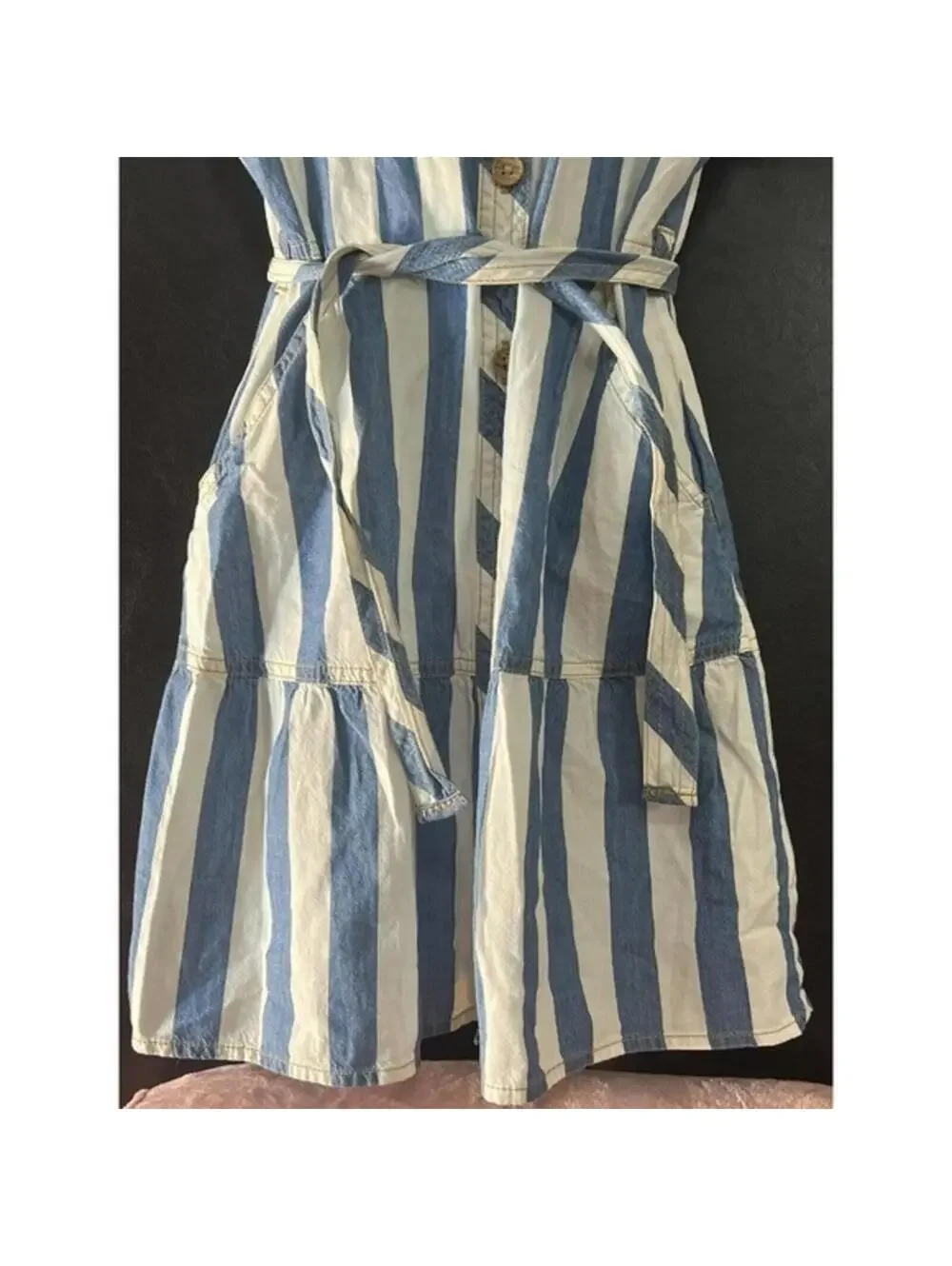 DRESS Blue and White Striped Button-Up Dress with Belt size M by wonder nation